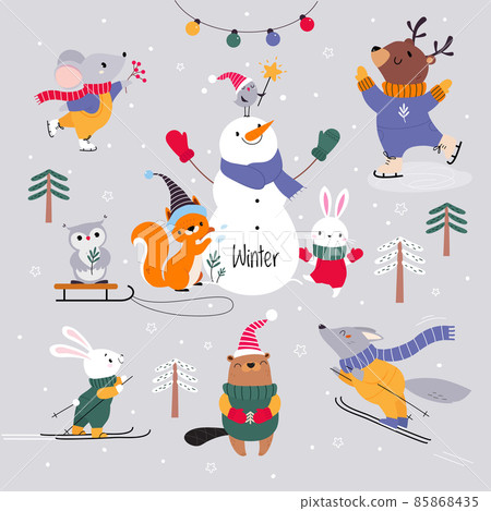 Cute Animal Wearing Warm Scarf and Hat Enjoying Winter Season Skiing and Ice Skating Vector Set Cute Animal Wearing Warm Scarf and Hat Enjoying Winter Season Skiing and Ice Skating Vector Set 85868435