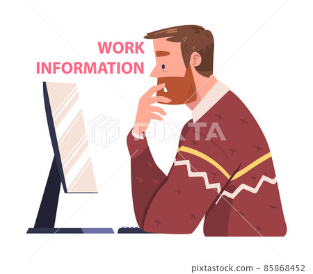 Man Character Sitting at Computer Screen Working with Information Analyzing Data and Browsing Internet Vector Illustration Man Character Sitting at Computer Screen Working with Information Analyzing Data and Browsing Internet Vector Illustration 85868452