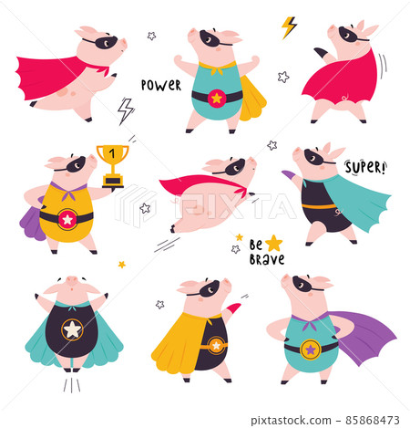 Pink Pig Superhero Character in Eye Mask and Cloak Having Super Power Vector Set Pink Pig Superhero Character in Eye Mask and Cloak Having Super Power Vector Set 85868473