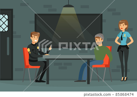 Police Officer Questioning Man Criminal in Prison Sitting at Table Vector Illustration 85868474