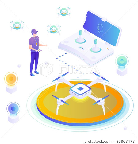 Drone operator with remote controller, quadcopter on podium, vector isometric illustration. Unmanned aerial vehicle. Drone operator with remote controller, quadcopter on podium, vector isometric illustration. Unmanned aerial vehicle. 85868478
