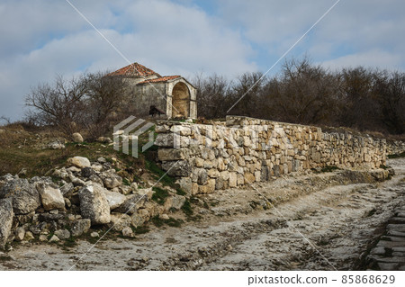 Mausoleum of Dzhanike-Khanym in cave city Chufut-Kale in Bakhchysarai, Crimea Mausoleum of Dzhanike-Khanym in cave city Chufut-Kale in Bakhchysarai, Crimea 85868629
