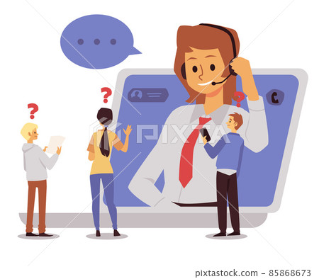 Customers seek help from online support operator, vector illustration isolated. 85868673