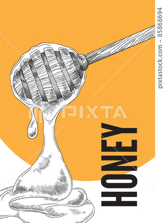 Honey healthy product banner or label, engraving sketch vector illustration. Honey healthy product banner or label, engraving sketch vector illustration. 85868694