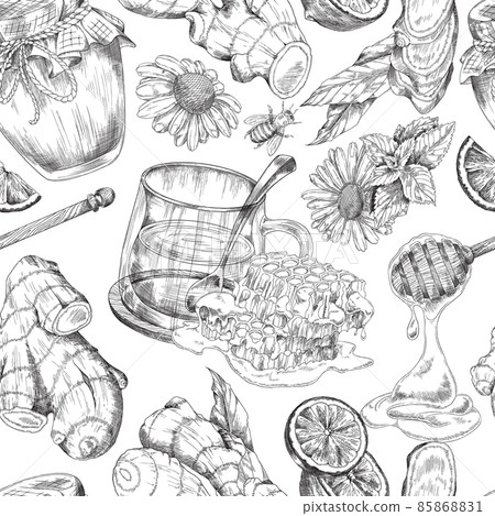 Ginger tea with honey, lemon, mint and chamomile on sketch seamless background 85868831