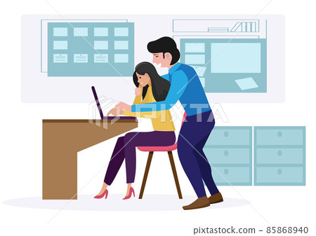 Harassment at work. A boss touching his female employee at the office. Inappropriate colleague behaviour. Flat style cartoon illustration vector 85868940