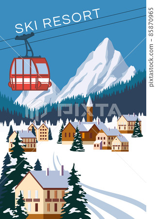 Mountain vintage winter resort village Alps, Switzerland. Snow landscape peaks, slopes with red gondola lift. Travel retro poster, vector illustration Mountain vintage winter resort village Alps, Switzerland. Snow landscape peaks, slopes with red gondola lift. Travel retro poster, vector illustration 85870965