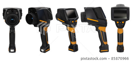 thermal imager isolated on a white background. different angles. non-contact temperature measurement of objects, troubleshooting of equipment and electrics, construction defects. 85870966