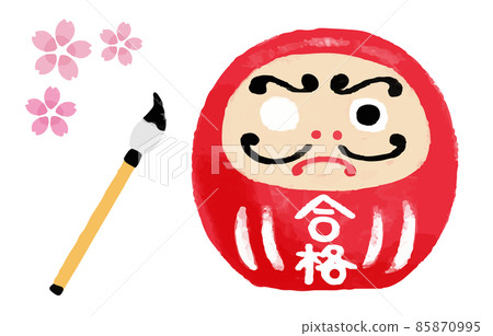 Illustration of a red passing Daruma doll and cherry blossoms with one eye waiting for the eyes 85870995