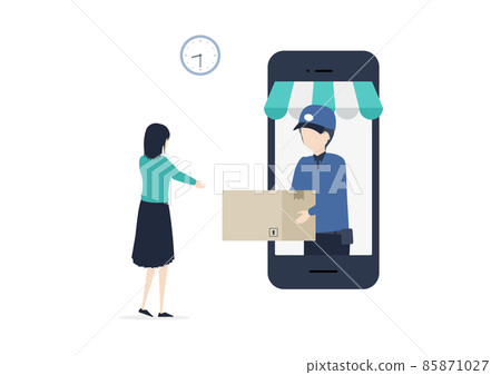 Illustration material of a young Japanese woman who uses online shopping and a man who delivers Illustration material of a young Japanese woman who uses online shopping and a man who delivers 85871027