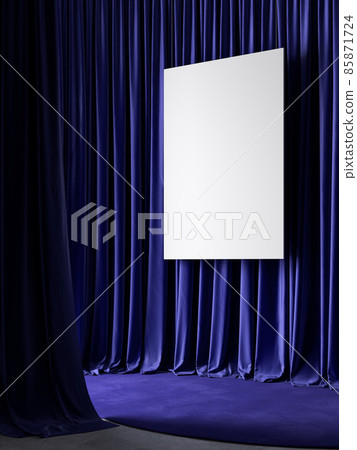 Dark blue curtains, poster and carpet. 3d render illustration mockup. 85871724