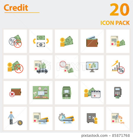 Credit icon set. Collection of simple elements such as the no fee, exchange rate, cash, long term debt, online banking, no money, purse. Credit icon set. Collection of simple elements such as the no fee, exchange rate, cash, long term debt, online banking, no money, purse. 85871768