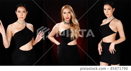 Beautiful LGBT or LGBTQIA+ Transgender woman wear sexy red dress black blonde hair. 30s 40s female 85871790