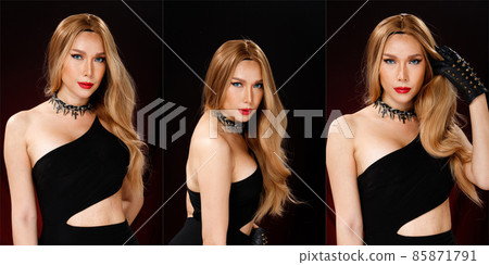 Beautiful LGBT or LGBTQIA+ Transgender woman wear sexy red dress black blonde hair. 30s 40s female Beautiful LGBT or LGBTQIA+ Transgender woman wear sexy red dress black blonde hair. 30s 40s female 85871791
