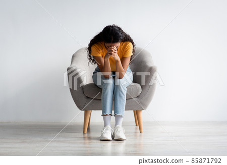 Life Problems. Portrait Of Despaired Lady Sitting With Head Down In Armchair 85871792