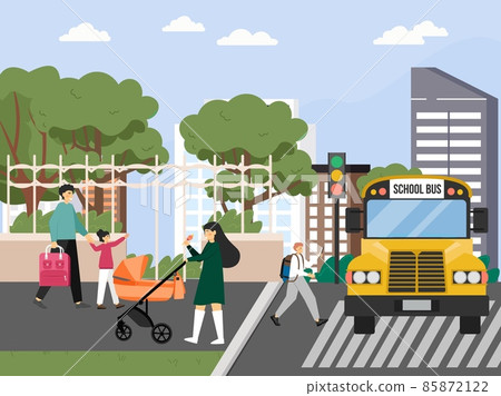 Happy schoolboy, student with backpack boarding yellow school bus, vector illustration. School transportation service. Happy schoolboy, student with backpack boarding yellow school bus, vector illustration. School transportation service. 85872122