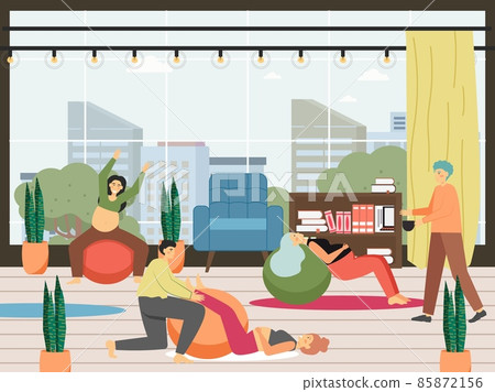 Pregnant mom gym or house workout on fit ball, vector illustration. Prenatal health care, pregnancy ball exercises. Pregnant mom gym or house workout on fit ball, vector illustration. Prenatal health care, pregnancy ball exercises. 85872156