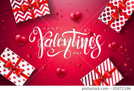 Happy Valentines Day Design with Typography Letter, Heart and Gift Box on Red Background. Vector Wedding and Romantic Love Valentine Theme Illustration for Flyer, Greeting Card, Banner, Holiday Poster 85872196