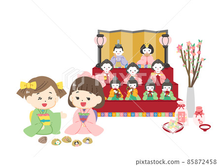 Illustration / no line drawing of a girl playing kai-awase at the Doll's Festival 85872458