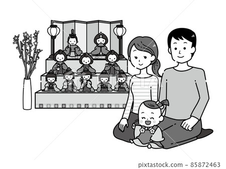 Illustration of baby and parents sitting in front of Hina dolls at the celebration of the first festival / black and white monochrome Illustration of baby and parents sitting in front of Hina dolls at the celebration of the first festival / black and white monochrome 85872463