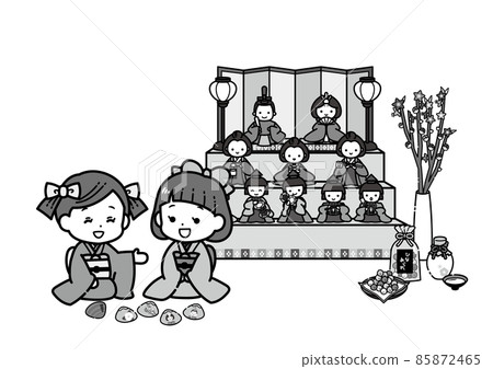 Illustration of a girl playing kai-awase at the Doll's Festival / Black and white monochrome 85872465