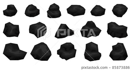 Cartoon mine coal pieces and piles. Charcoal lumps for fire, natural energy power production. Coal rocks vector set 85873886