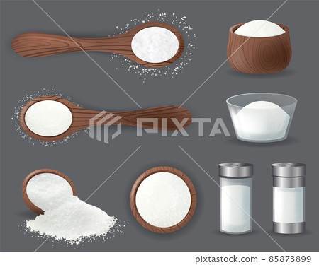 Salt realistic set of isolated icons piles of edible salt of different fracture with salt cellars. 3D food seasoning in bottle and spoon. Culinary spice mockup. 85873899