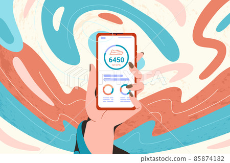 Hand hold smartphone with pedometer for counting steps Hand hold smartphone with pedometer for counting steps 85874182