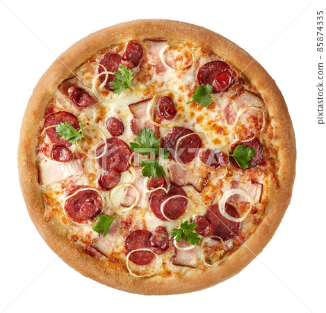 Top view of pizza with bacon, salami, hunting sausages, onions, mozzarella isolated on white Top view of pizza with bacon, salami, hunting sausages, onions, mozzarella isolated on white 85874335
