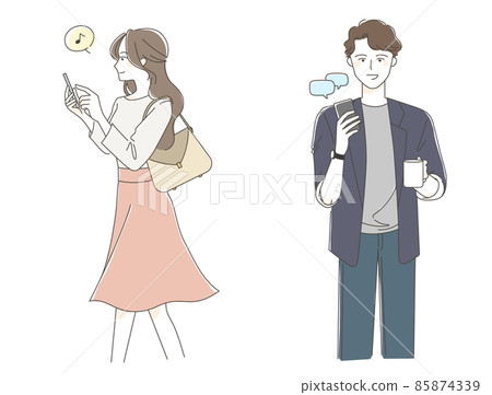 微笑的男人和女人看智能手機的插圖 微笑的男人和女人看智能手機的插圖 85874339