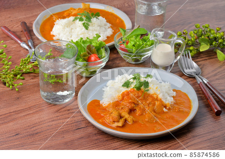 辣味咖哩雞圖片,兩人份,午餐。咖哩和米飯。 辣味咖哩雞圖片,兩人份,午餐。咖哩和米飯。 85874586