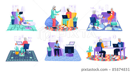 Old people try to use phone, game console, computer, tablet and laptop, learn new technologies Old people try to use phone, game console, computer, tablet and laptop, learn new technologies 85874831