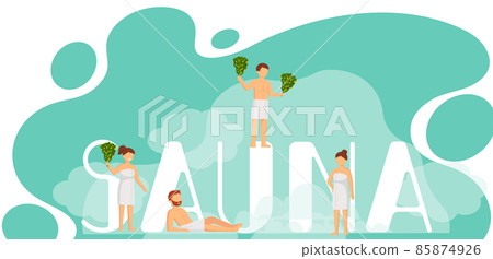 Sauna and steam room. Set of people in sauna. People relax and steam with birch brooms in banya 85874926