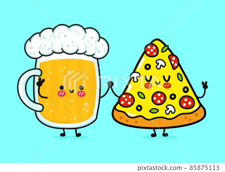 Cute, funny happy glass of beer and pizza. Vector hand drawn cartoon kawaii characters, illustration icon. Funny happy cartoon glass of beer and pizza mascot character concept Cute, funny happy glass of beer and pizza. Vector hand drawn cartoon kawaii characters, illustration icon. Funny happy cartoon glass of beer and pizza mascot character concept 85875113