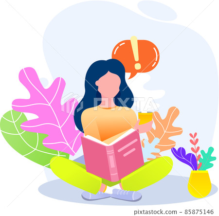 Young woman reading book sitting in lotus position near bunch of colored leaves, studying at home 85875146