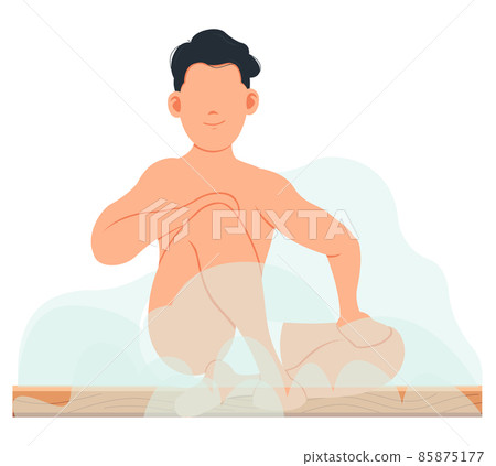 Man sitting and relaxing in sauna isolated on white. Bathhouse or banya. Wellness spa procedures 85875177