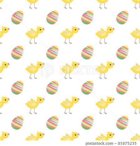 Happy Easter festive seamless pattern with chicken and egg. Decoration for wrapping paper, print, textiles and design. Vector flat illustration 85875235
