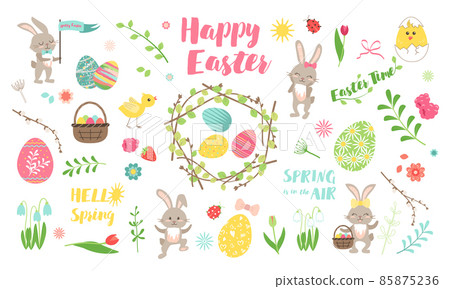 Set of Easter design elements and icons. Cute bunny, chickens, eggs and flowers. Perfect for holiday decoration and spring greeting cards. 85875236