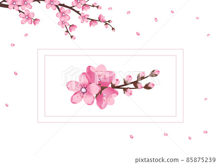 Cute Sakura flowers icon set. The cherry branches have bloomed. Spring pink blooming composition with buds and leaves. Festive decorations for wedding, holiday, postcard, poster. Vector illustration 85875239