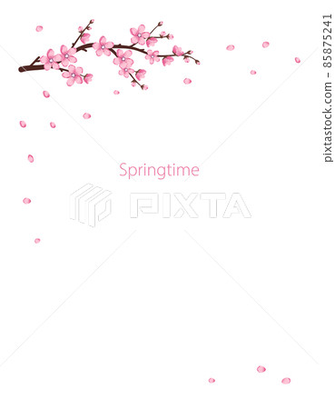 Cute Sakura flowers icon set. The cherry branches have bloomed. Spring pink blooming composition with buds and leaves. Festive decorations for wedding, holiday, postcard, poster. Vector illustration 85875241