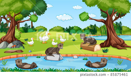 River in the forest with otters and ducks 85875461