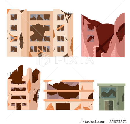 Abandoned houses set. Ruined abandoned houses set, old buildings, broken dilapidated dwelling, supermarket real estate 85875871