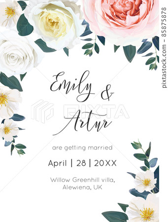 Romantic, editable wedding invite, save the date card, greeting template design. Vector floral illustration of blush pink, yellow, ivory white garden roses, camellia flowers, emerald eucalyptus leaves 85875878