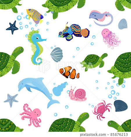 Marine life, fish, animals bright seamless pattern. sea travel, underwater diving animal tropical fish. Jellyfish, whale, shark, seahorse, clown fish, dolphin, turtle emperor fish octopus stingray Marine life, fish, animals bright seamless pattern. sea travel, underwater diving animal tropical fish. Jellyfish, whale, shark, seahorse, clown fish, dolphin, turtle emperor fish octopus stingray 85876213