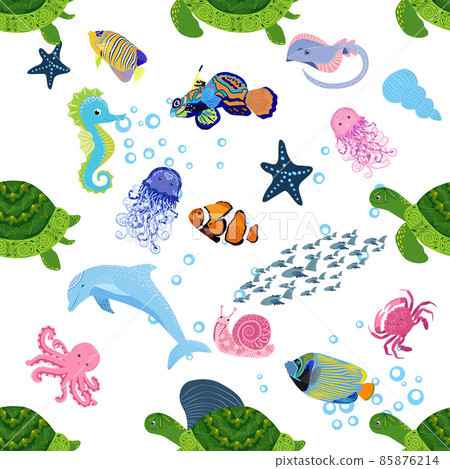Marine life, fish, animals bright seamless pattern. sea travel, underwater diving animal tropical fish. Jellyfish, whale, shark, seahorse, clown fish, dolphin, turtle emperor fish octopus stingray Marine life, fish, animals bright seamless pattern. sea travel, underwater diving animal tropical fish. Jellyfish, whale, shark, seahorse, clown fish, dolphin, turtle emperor fish octopus stingray 85876214