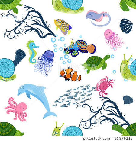 Marine life, fish, animals bright seamless pattern. sea travel, underwater diving animal tropical fish. Jellyfish, whale, shark, seahorse, clown fish, dolphin, turtle emperor fish octopus stingray Marine life, fish, animals bright seamless pattern. sea travel, underwater diving animal tropical fish. Jellyfish, whale, shark, seahorse, clown fish, dolphin, turtle emperor fish octopus stingray 85876215