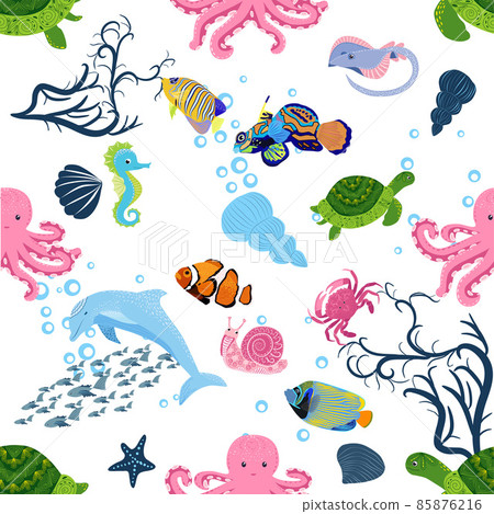 Marine life, fish, animals bright seamless pattern. sea travel, underwater diving animal tropical fish. Jellyfish, whale, shark, seahorse, clown fish, dolphin, turtle emperor fish octopus stingray Marine life, fish, animals bright seamless pattern. sea travel, underwater diving animal tropical fish. Jellyfish, whale, shark, seahorse, clown fish, dolphin, turtle emperor fish octopus stingray 85876216
