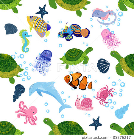 Marine life, fish, animals bright seamless pattern. sea travel, underwater diving animal tropical fish. Jellyfish, whale, shark, seahorse, clown fish, dolphin, turtle emperor fish octopus stingray Marine life, fish, animals bright seamless pattern. sea travel, underwater diving animal tropical fish. Jellyfish, whale, shark, seahorse, clown fish, dolphin, turtle emperor fish octopus stingray 85876217