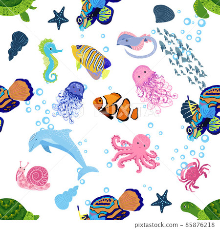 Marine life, fish, animals bright seamless pattern. sea travel, underwater diving animal tropical fish. Jellyfish, whale, shark, seahorse, clown fish, dolphin, turtle emperor fish octopus stingray 85876218