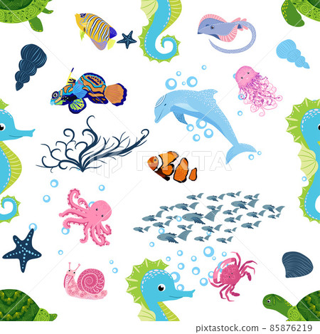 Marine life, fish, animals bright seamless pattern. sea travel, underwater diving animal tropical fish. Jellyfish, whale, shark, seahorse, clown fish, dolphin, turtle emperor fish octopus stingray Marine life, fish, animals bright seamless pattern. sea travel, underwater diving animal tropical fish. Jellyfish, whale, shark, seahorse, clown fish, dolphin, turtle emperor fish octopus stingray 85876219